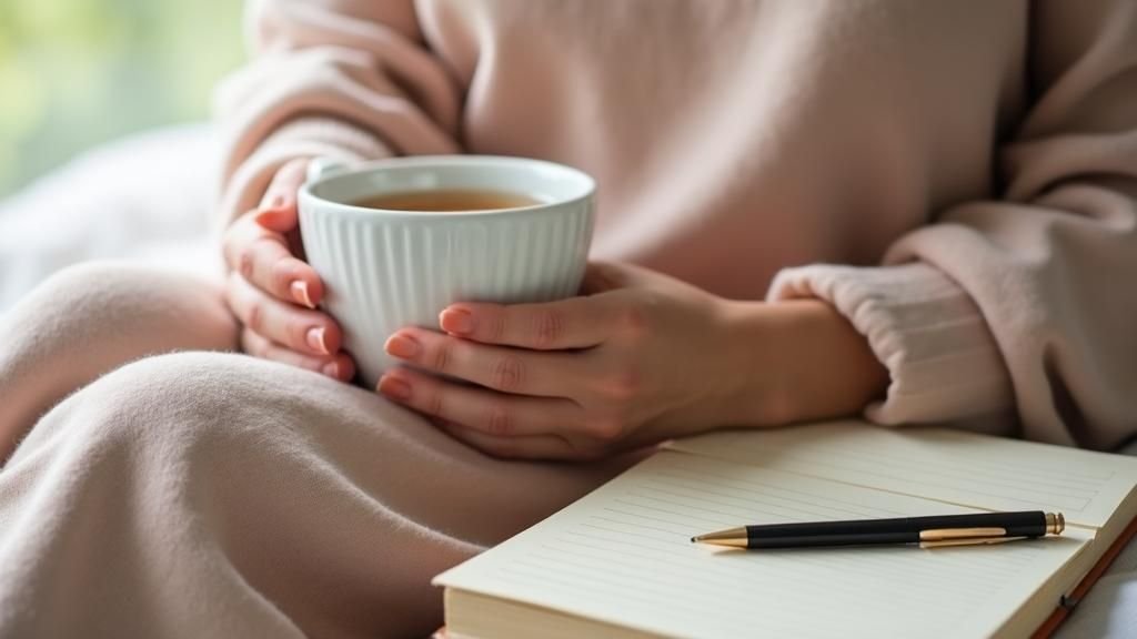 Close-up of a woman’s hands holding a warm mug while journalling in a cosy, softly lit room. Represents mindfulness, calm reflection, and building courage through gentle daily rituals.