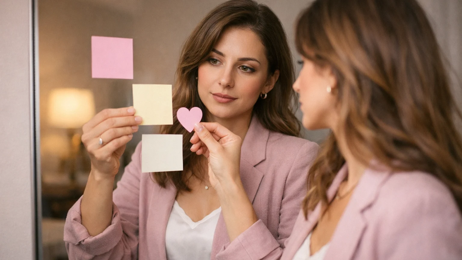 Woman placing blank sticky notes on a mirror while reflecting, showing the idea of filtering herself, not looking at the camera