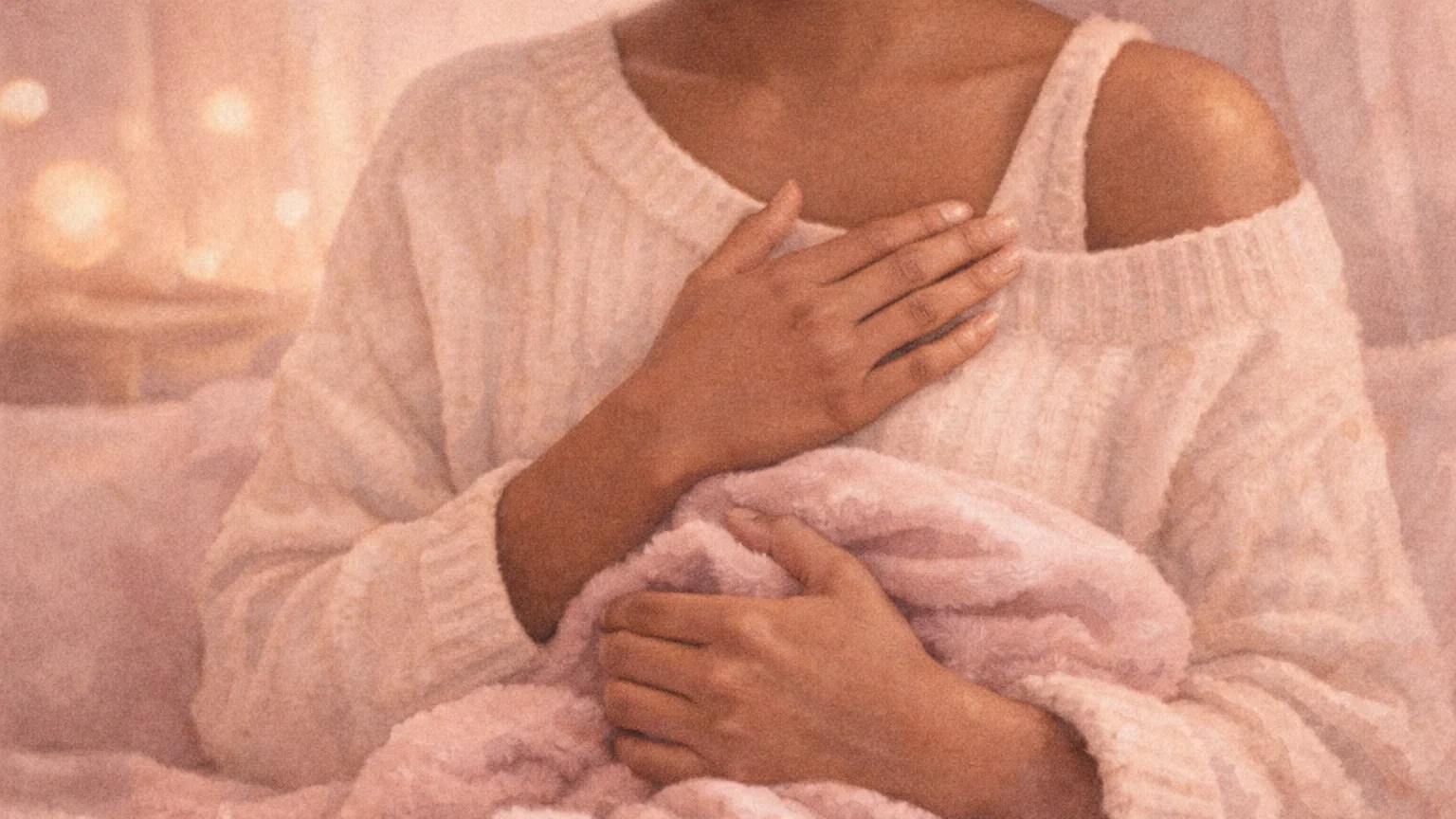 Faceless, soulful close-up of medium-dark skin hands resting over heart in a warm, cozy room