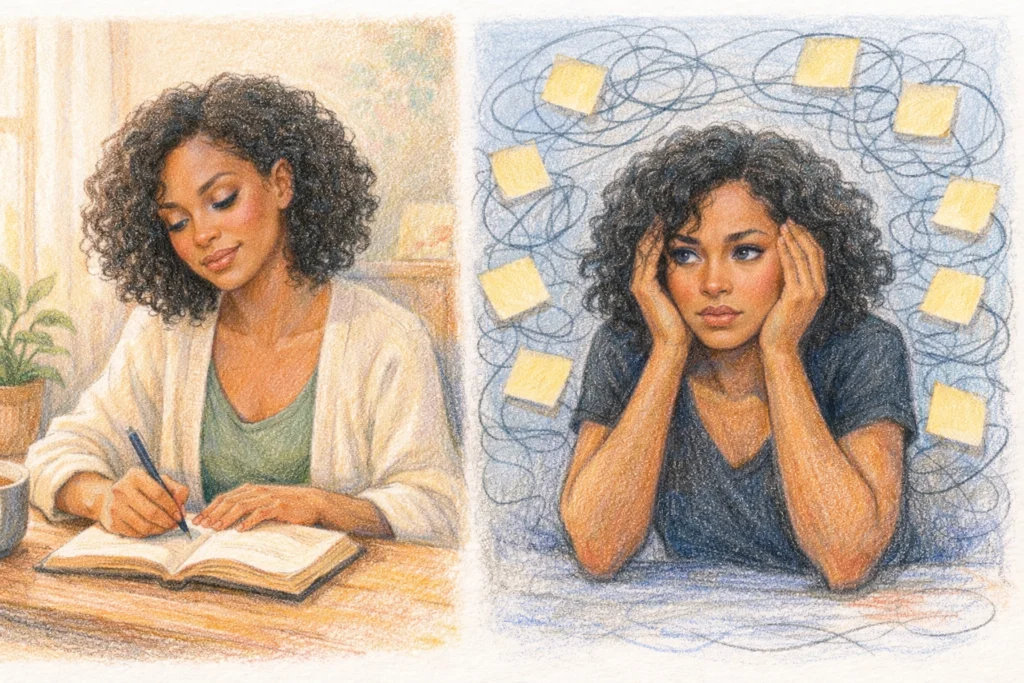Creative deep thinking versus chronic overthinking shown side by side in gentle illustration