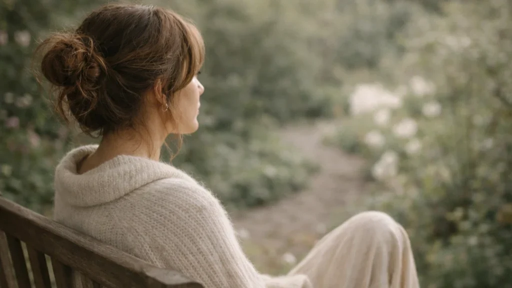 woman sat on a bench thinking about expressing your true self in the world