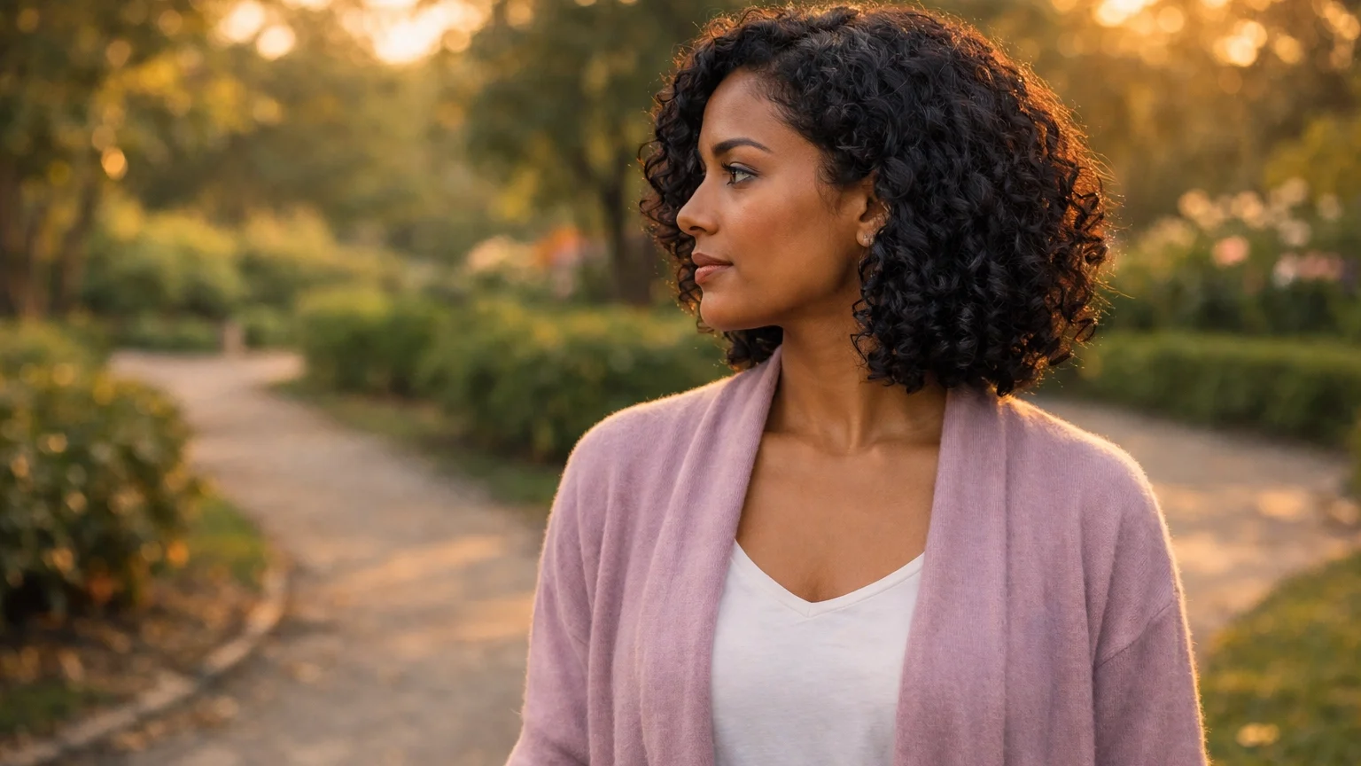 Woman rebuilding self-trust through inner listening at a crossroads