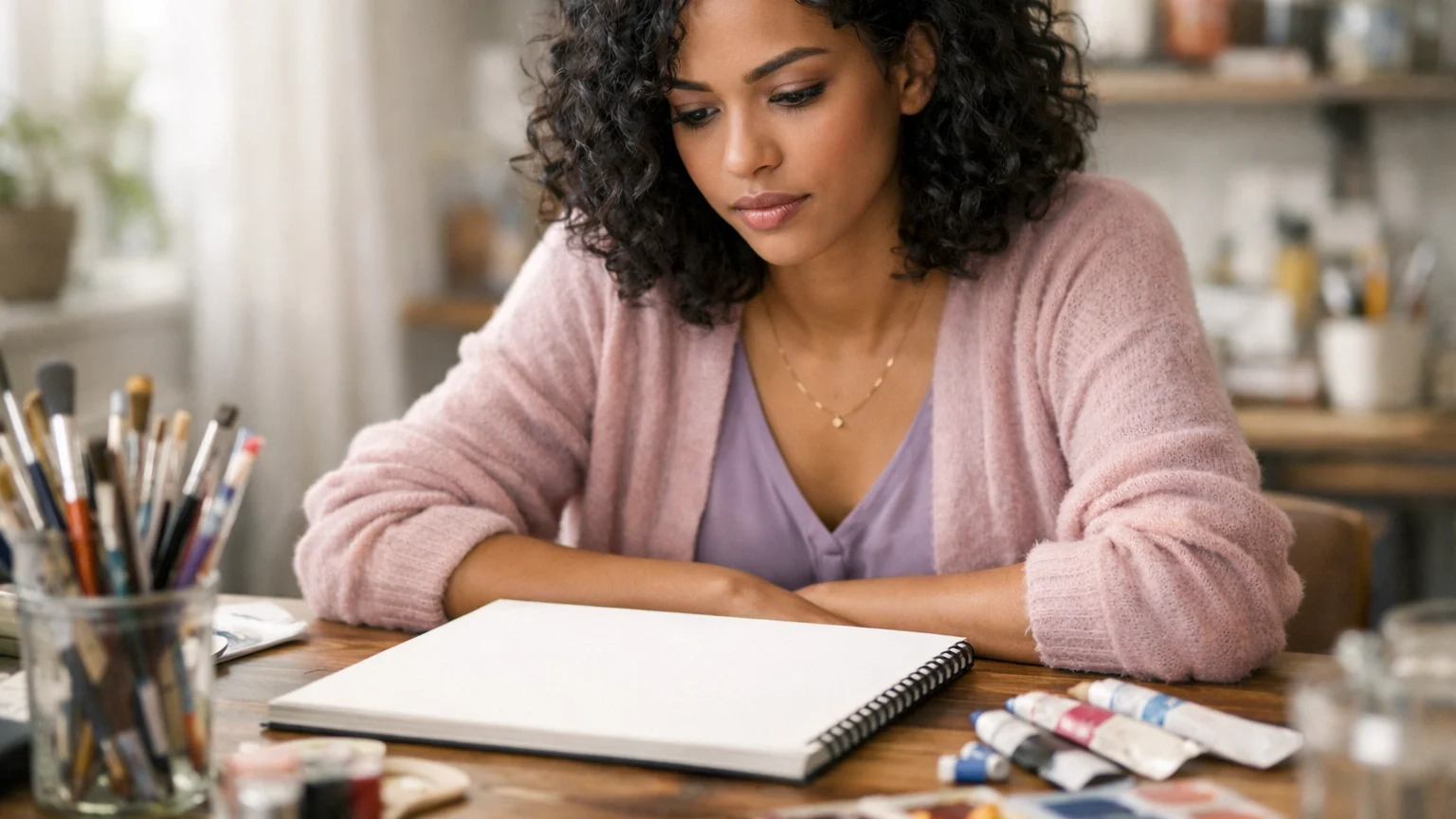 Woman experiencing creative burnout sitting with empty canvas and art supplies