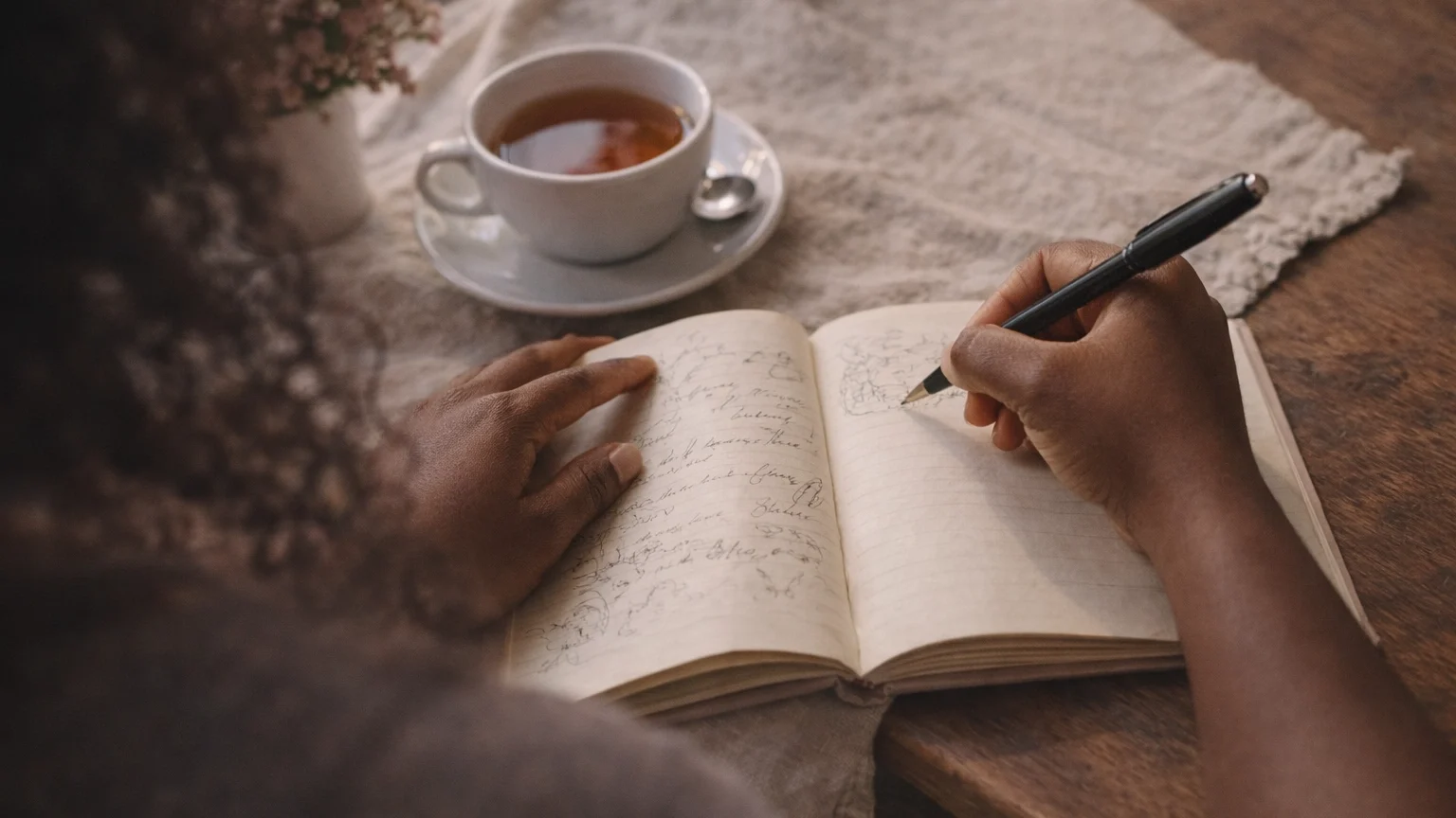 Hands journaling about personal values and boundaries with tea nearby