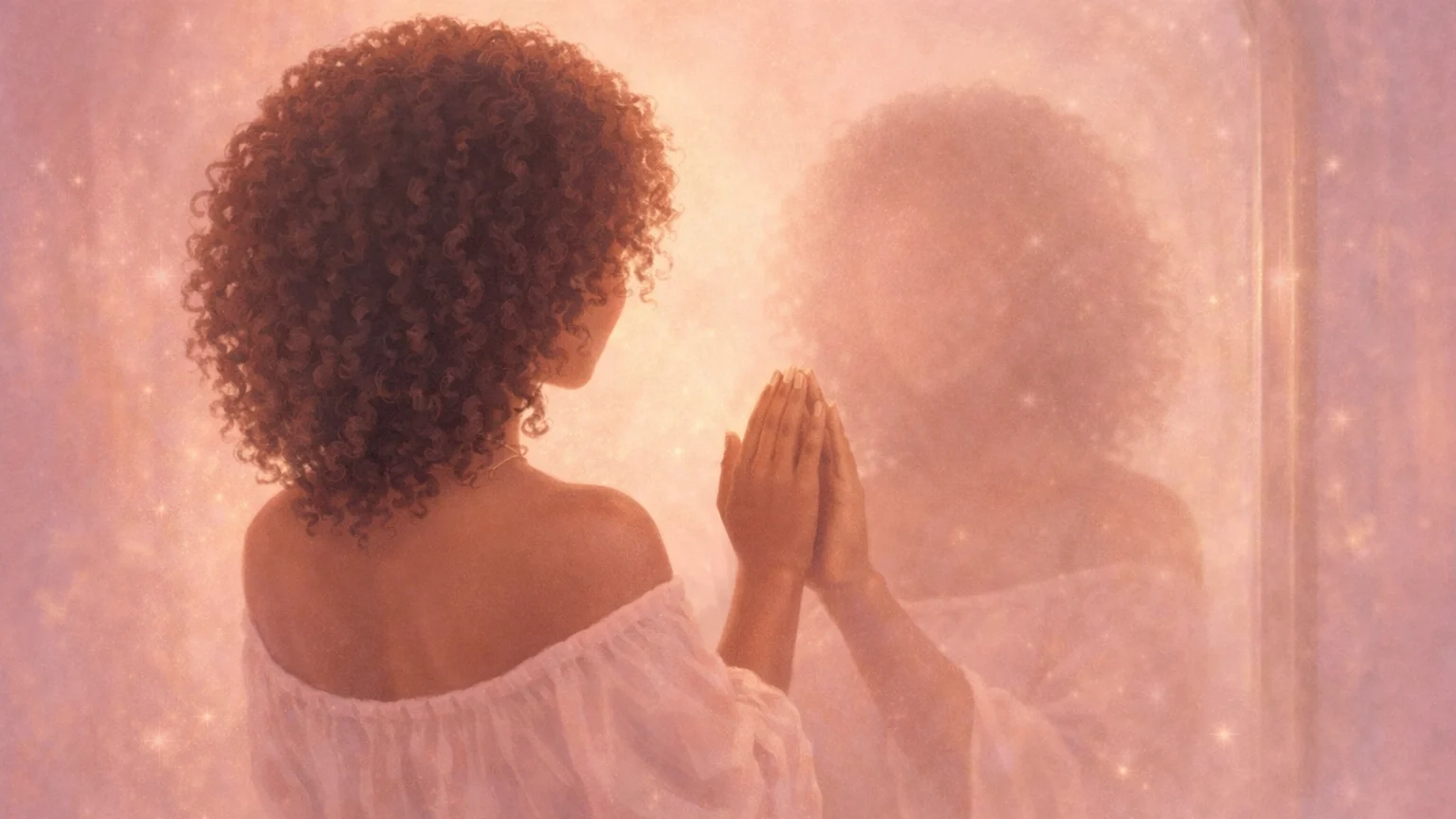 Faceless, soulful silhouette (medium-dark skin tone) near a mirror with no face shown, symbolizing self-love and self-trust