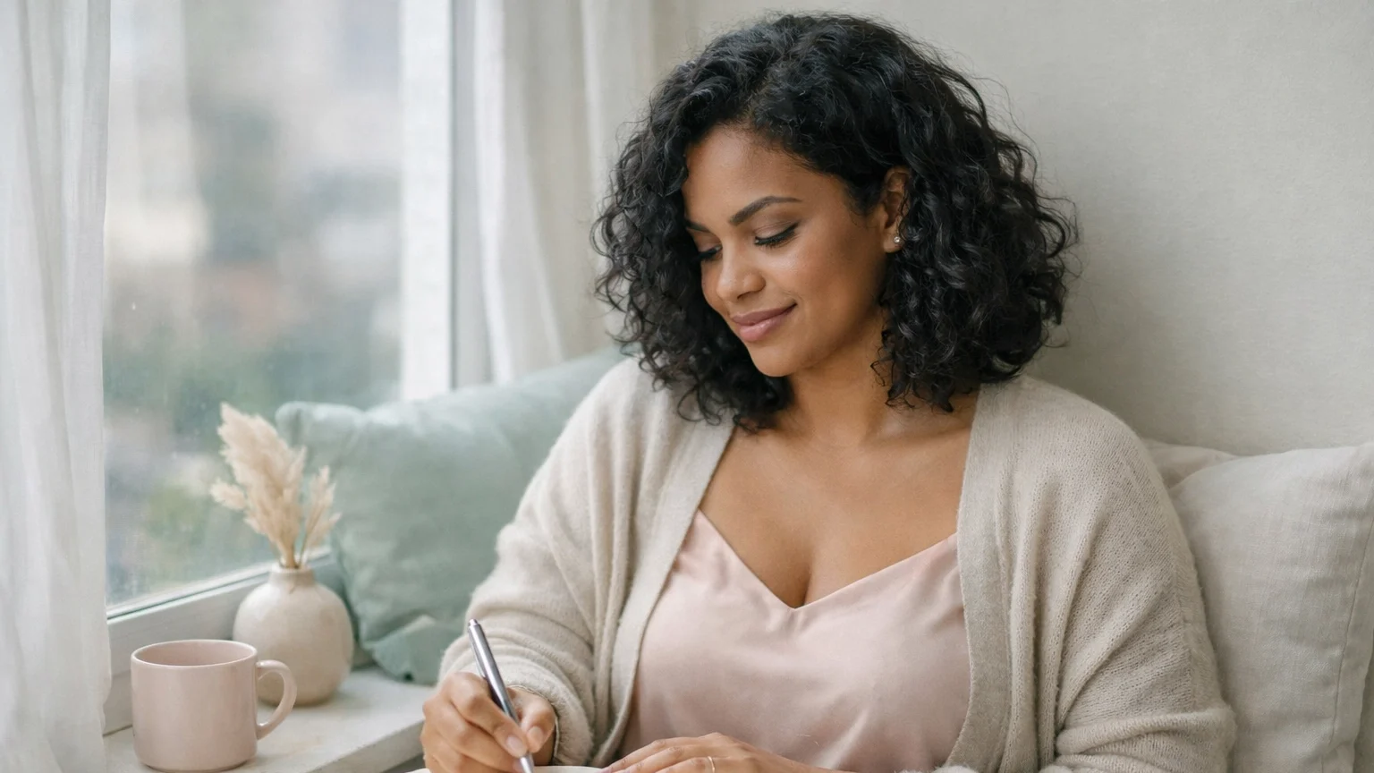 Candid photo of a woman expressing her true self through journaling by a window, engaged in reflection, not looking at the camera