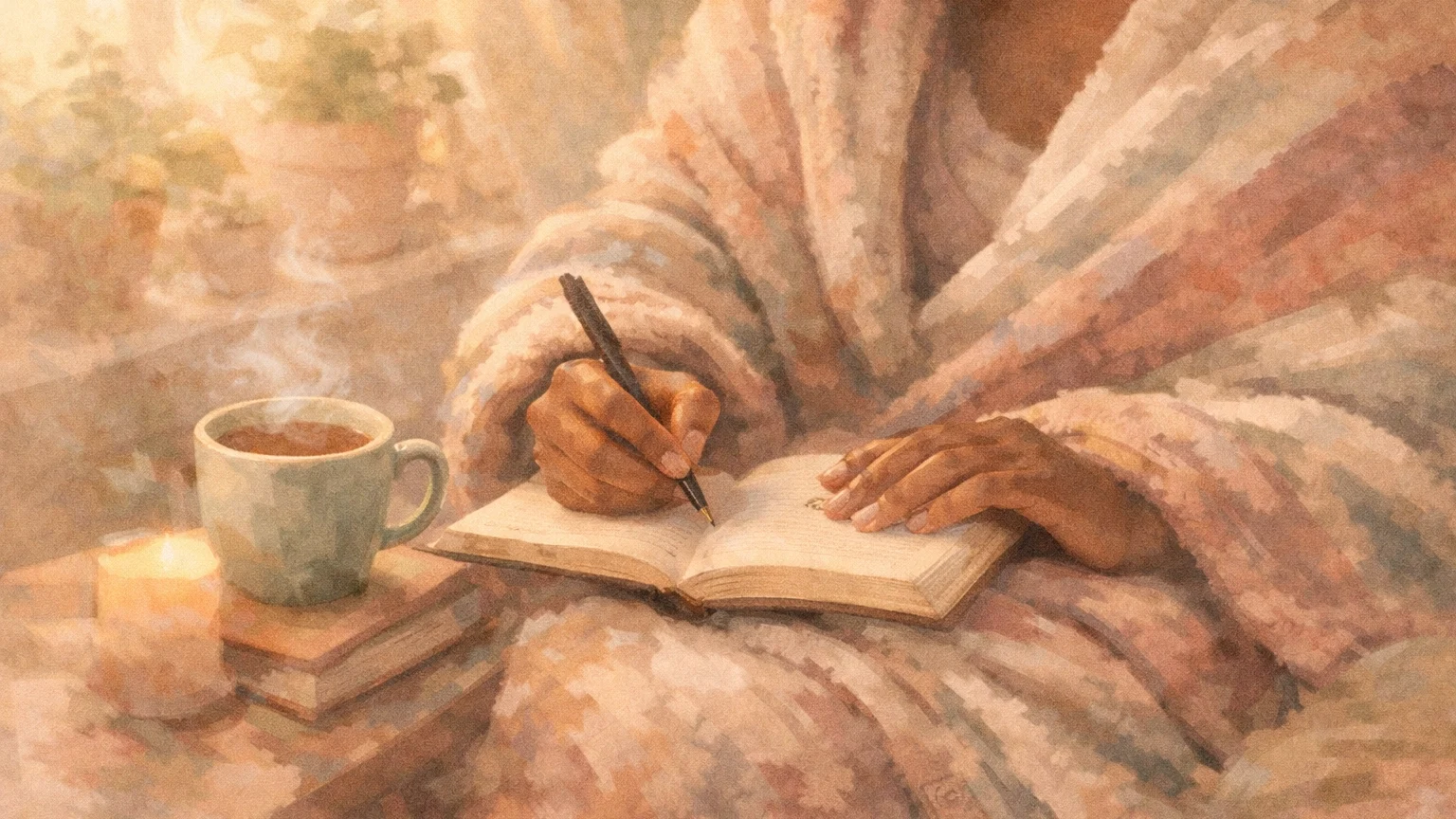 Faceless, soulful lifestyle close-up of medium-dark skin hands journaling beside tea in soft morning light