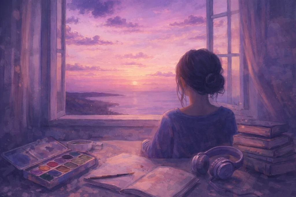 watercolor supplies, books, headphones, and a dusky window in soft purple light.