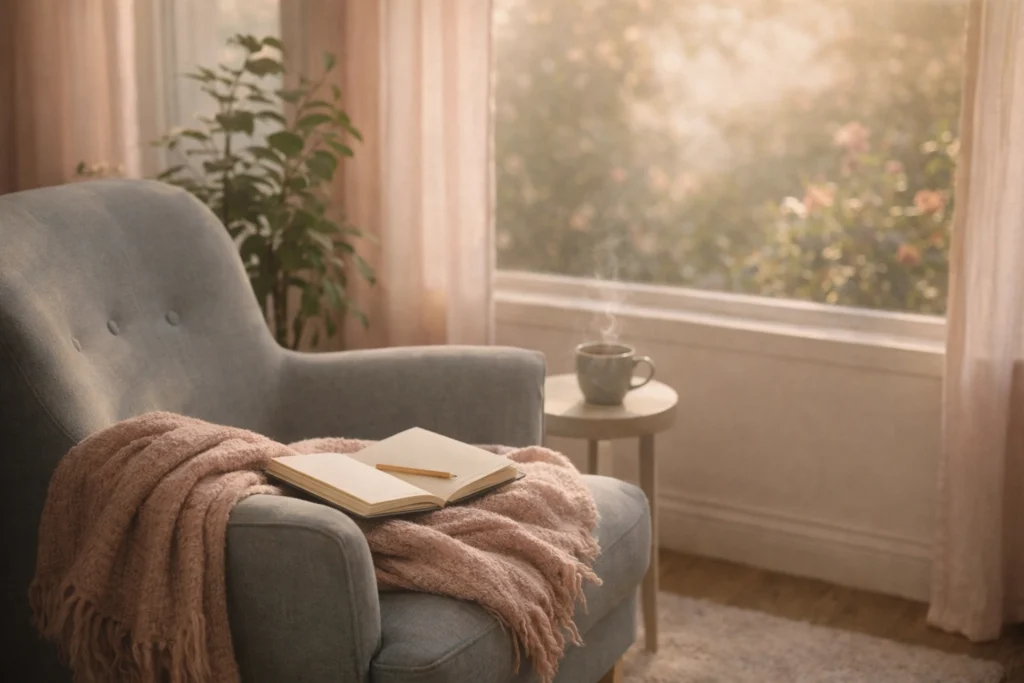 A peaceful home corner with a chair, blanket