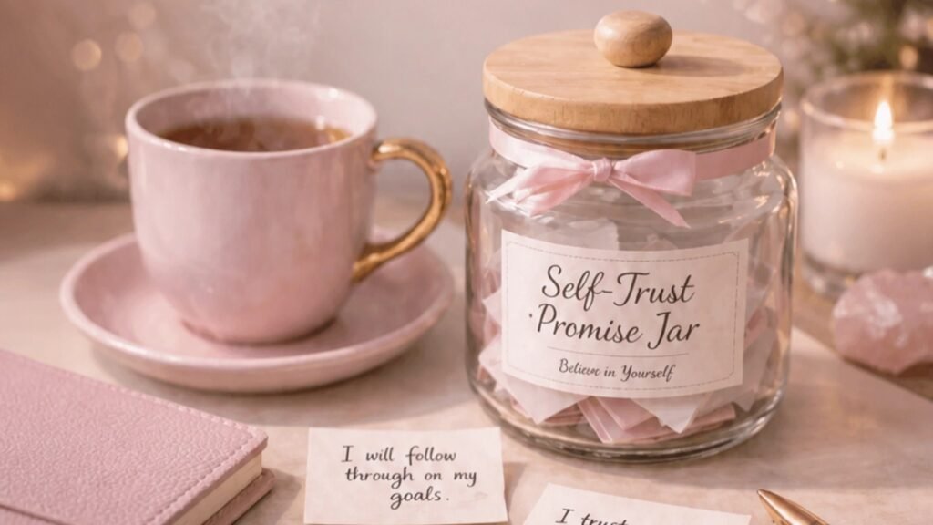 A cozy still life with a blush journal, candle, tea, and handwritten self-trust notes gathered in a glass jar