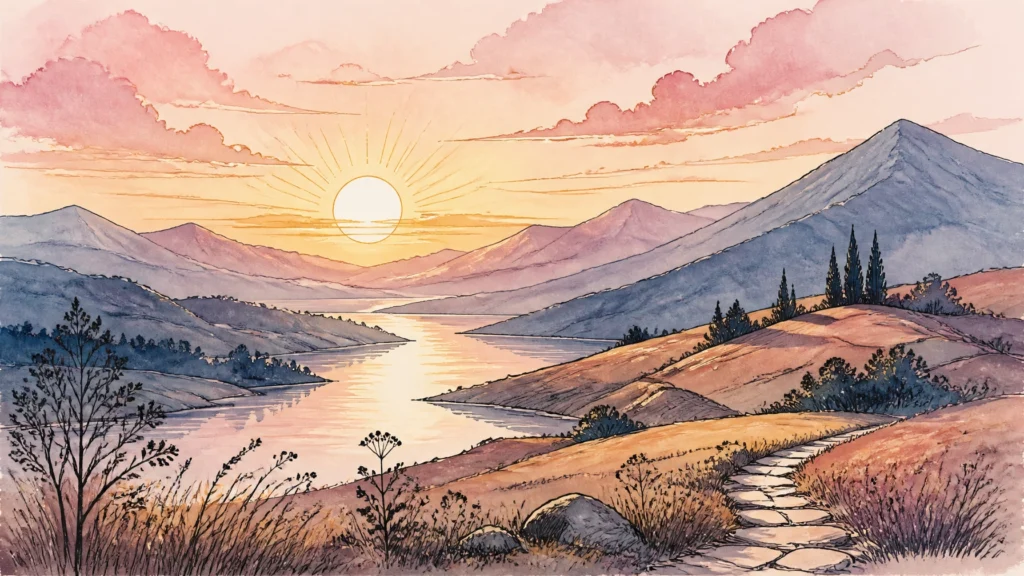 Peaceful watercolor landscape sunrise