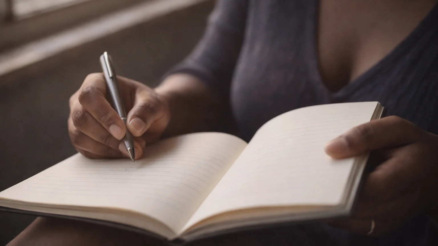 maria's hands looking for intuition  - medium-dark skin holding a realistic open journal in soft window light