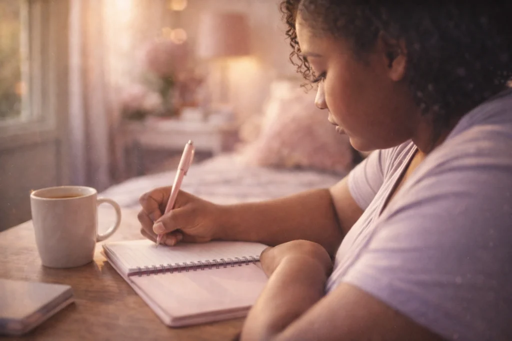 Cinematic image of Maria journaling right-handed in a soft, soulful home setting with warm light