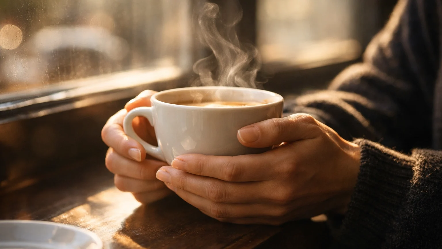 Hands holding a warm coffee cup by a café window in golden light