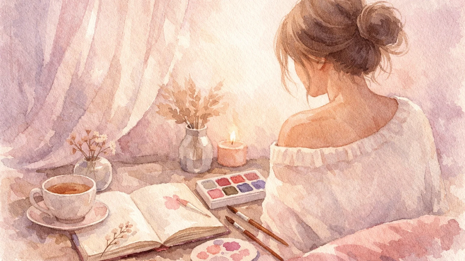 Faceless peaceful watercolor art of a gentle creative workspace with journal and tea