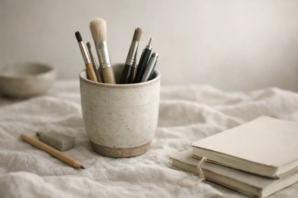 Soft-focus still life of creative tools (paintbrushes and pens) in gentle morning light