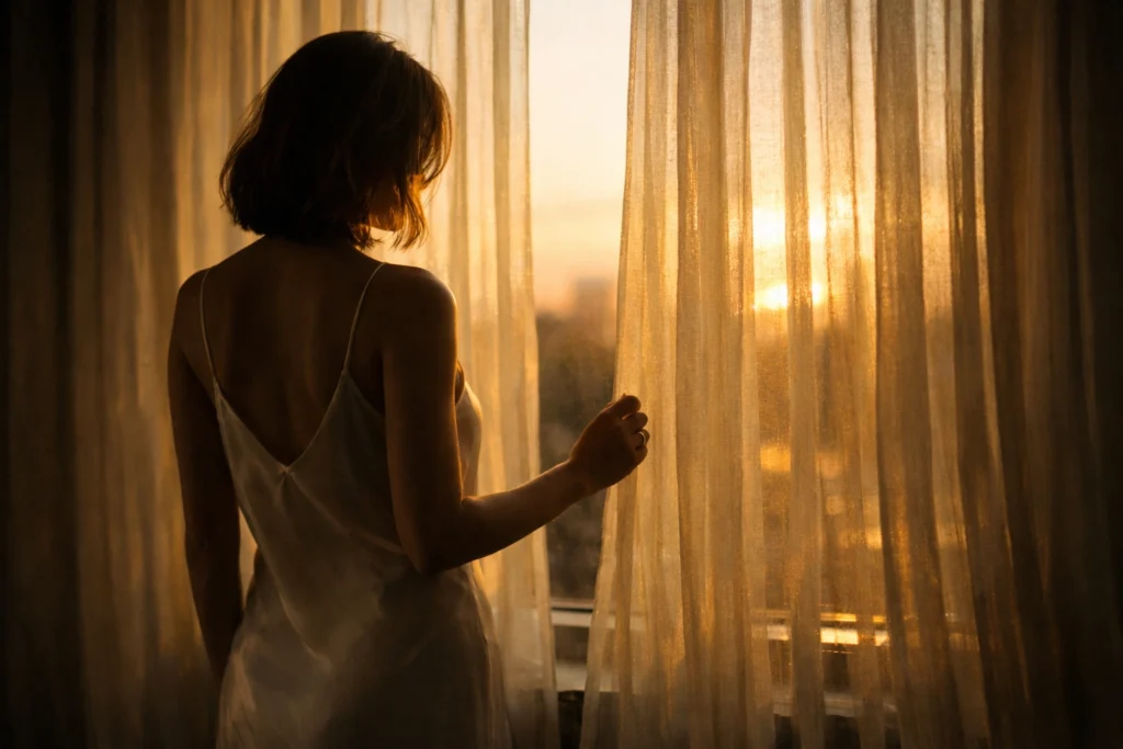 Realistic cinematic silhouette by a window at golden hour—quiet reflection, no face shown