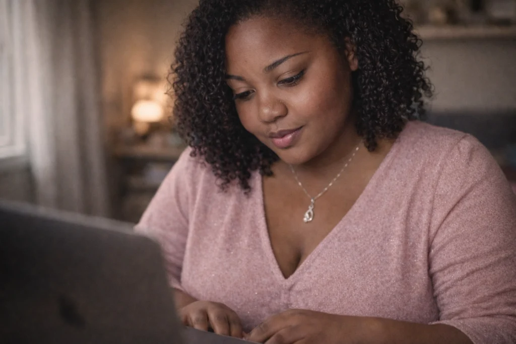 Maria in a cozy home office on a laptop for online coaching—grounded, calm, looking down at the screen