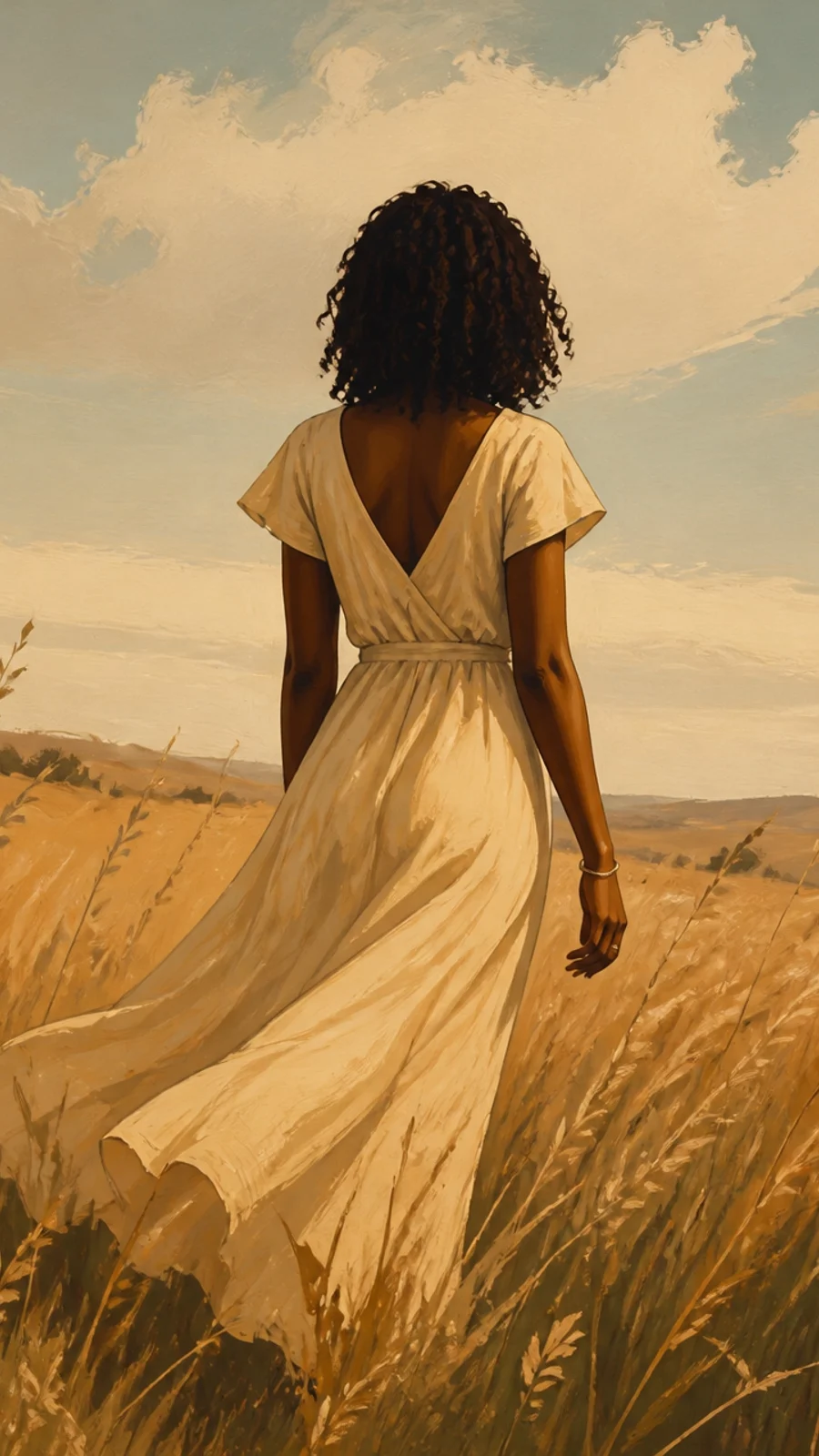 Maria seen from the back walking through a field of tall grass
