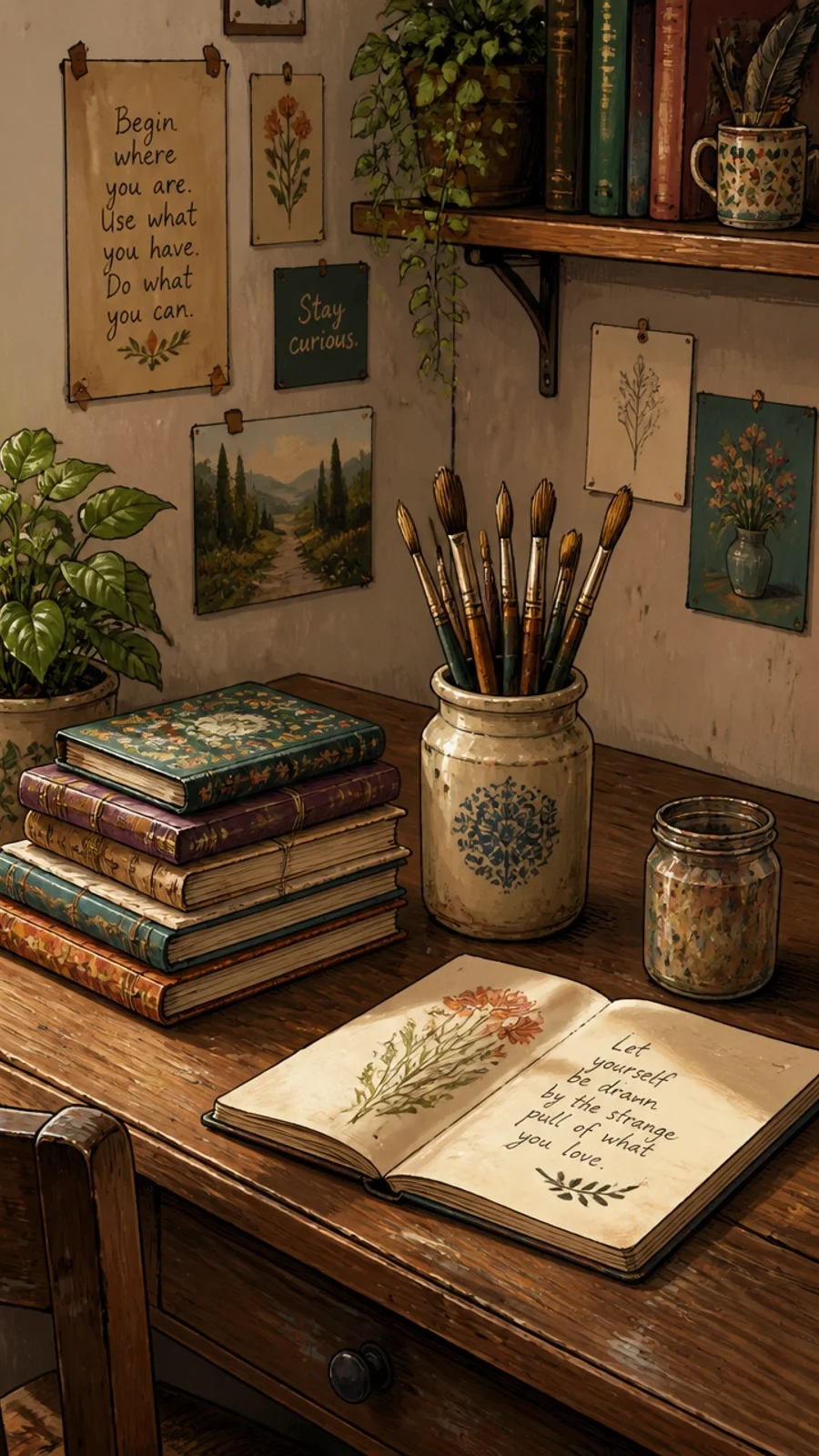 A cozy creative desk with plants and notebooks