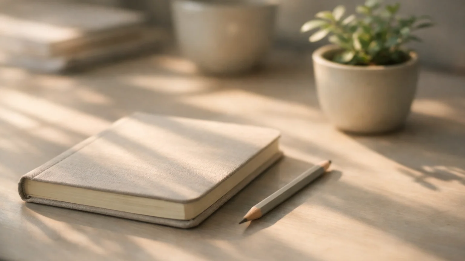 A cozy desk with a notebook, pencil, and soft sunlight casting gentle shadows
