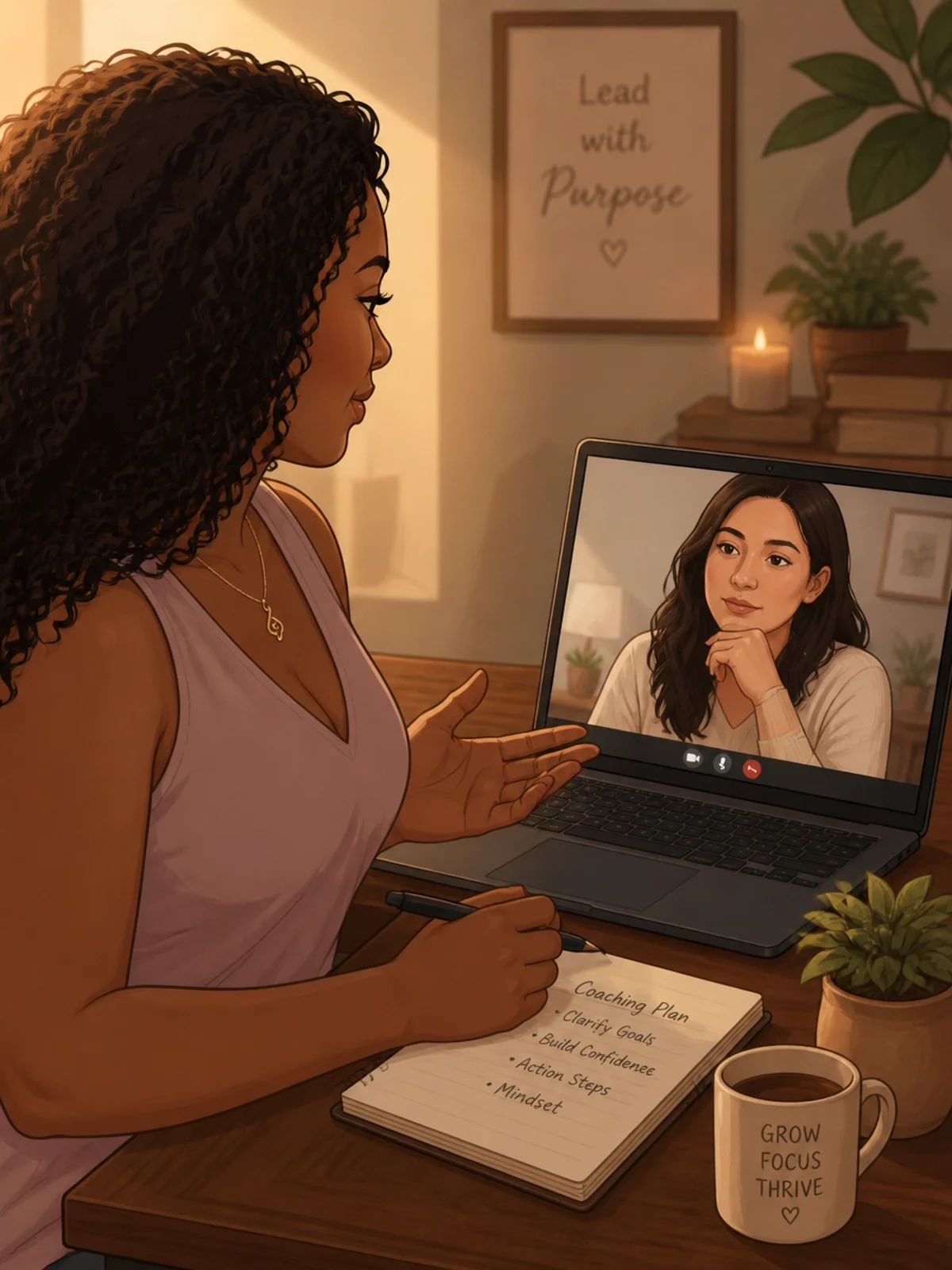 Maria providing grounded coaching support to a woman during a soulful session