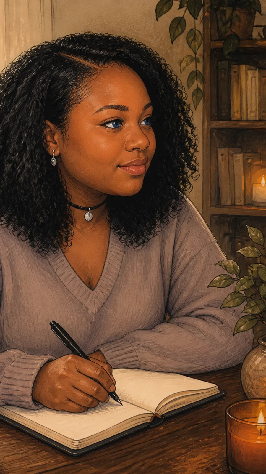 illustration of  Maria journaling by the window