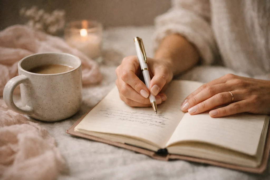Faceless feminine hands writing in a journal beside a warm mug in gentle natural light