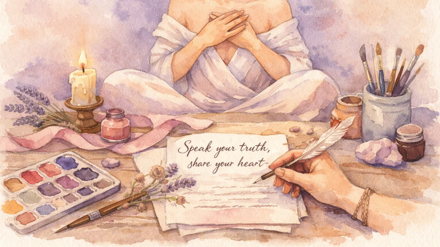 Faceless peaceful watercolor art of an artistic desk with sketchbook and creative supplies
