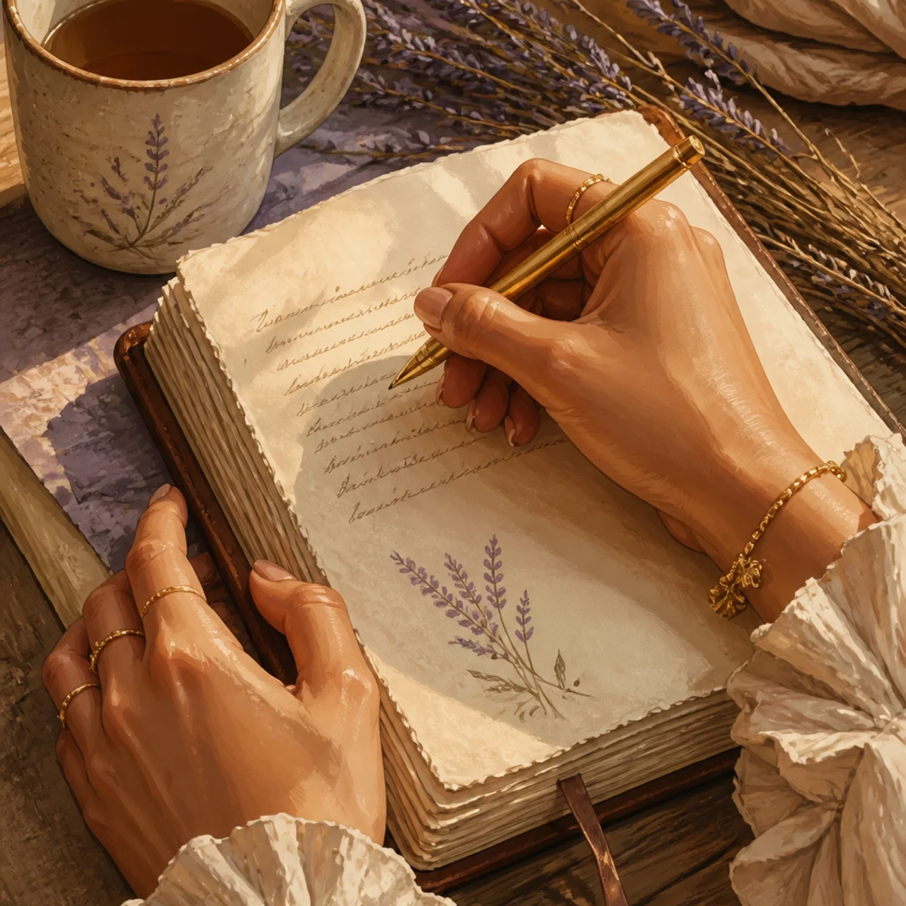Feminine hands journaling with soft light and lavender