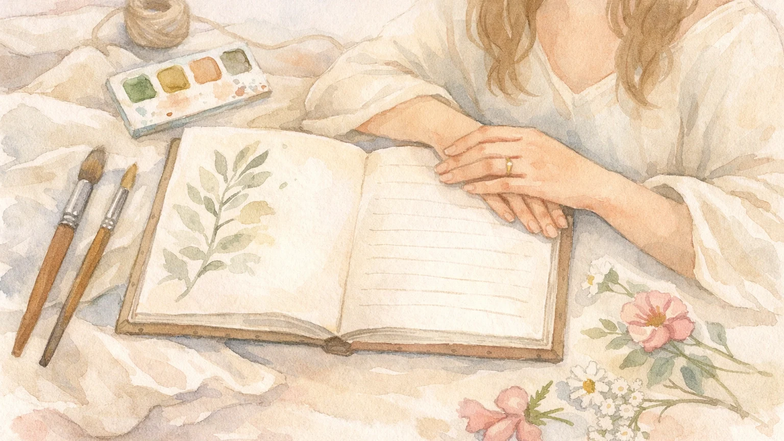 Faceless peaceful watercolor art of a quiet creative moment by a window