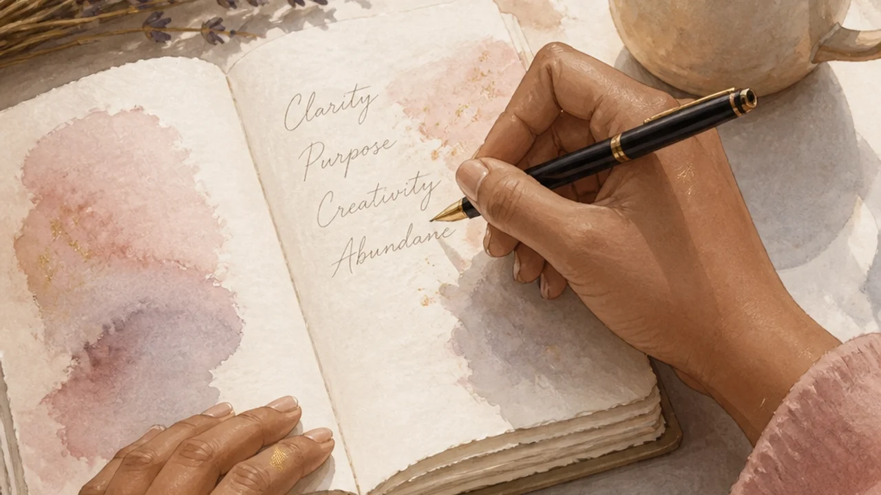 Close-up of feminine hands journaling in a peaceful, sunlit setting
