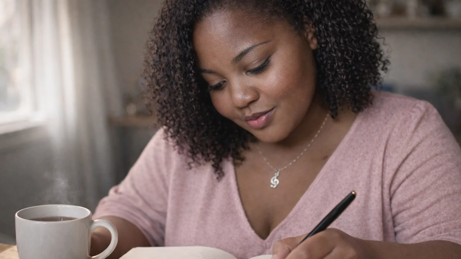 Woman journaling in peaceful creative space practicing intuitive self-reflection