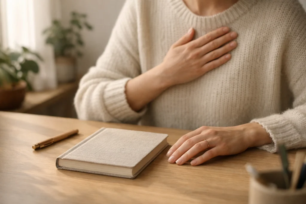 Faceless, cozy desk moment with a hand-over-heart gesture and an open journal in soft window light